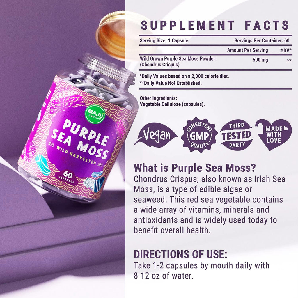 MAJU's Powerful Purple Sea Moss Capsules (60 ct) - Musgo Marino Púrpura Extra Fuerte