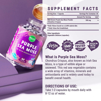 MAJU's Powerful Purple Sea Moss Capsules (60 ct) - Musgo Marino Púrpura Extra Fuerte – Image 6