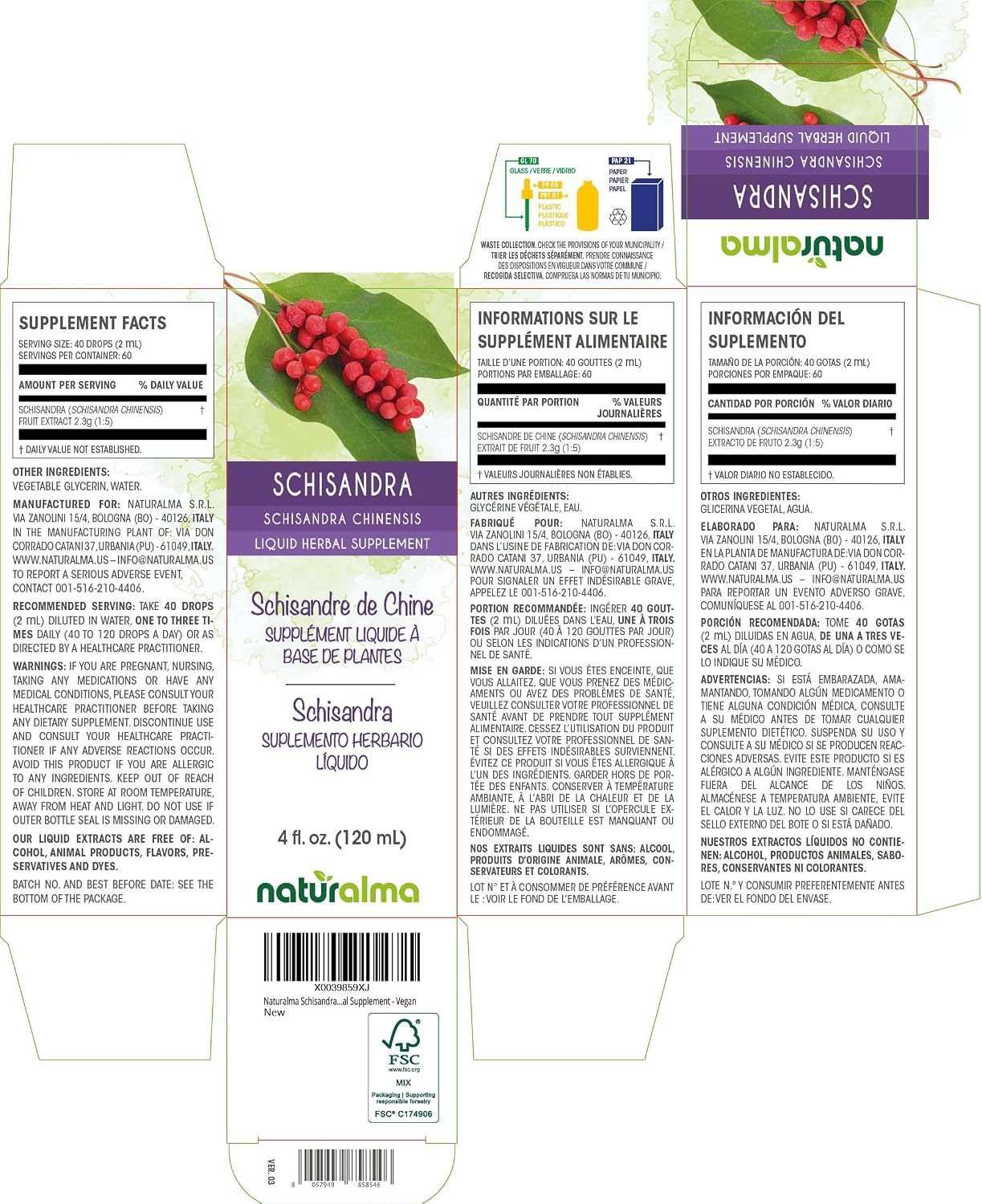 Naturalma Schisandra (Schisandra chinensis) Tintura Sin Alcohol - 118ml Extracto Líquido en Gotas - Complemento Alimenticio Vegano