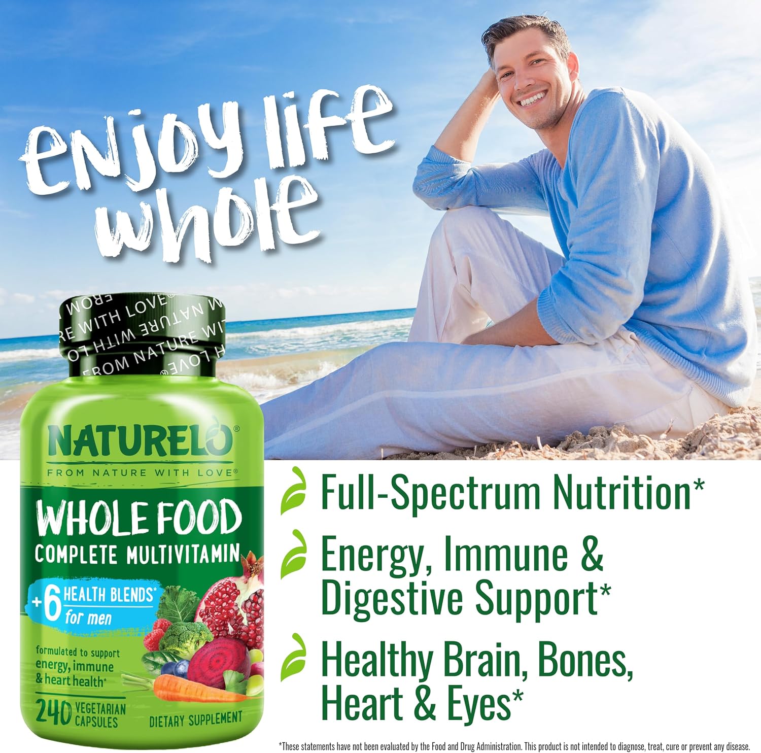 NATURELO Multivitamínico para Hombres - Complejo de Alimentos Integrales con Vitaminas y Minerales - 240 Cápsulas Vegetarianas