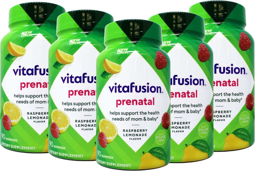 Vitafusion Prenatal Gominolas - Pack de 5 (450 gominolas) - Sabores Limón y Frambuesa Limonada