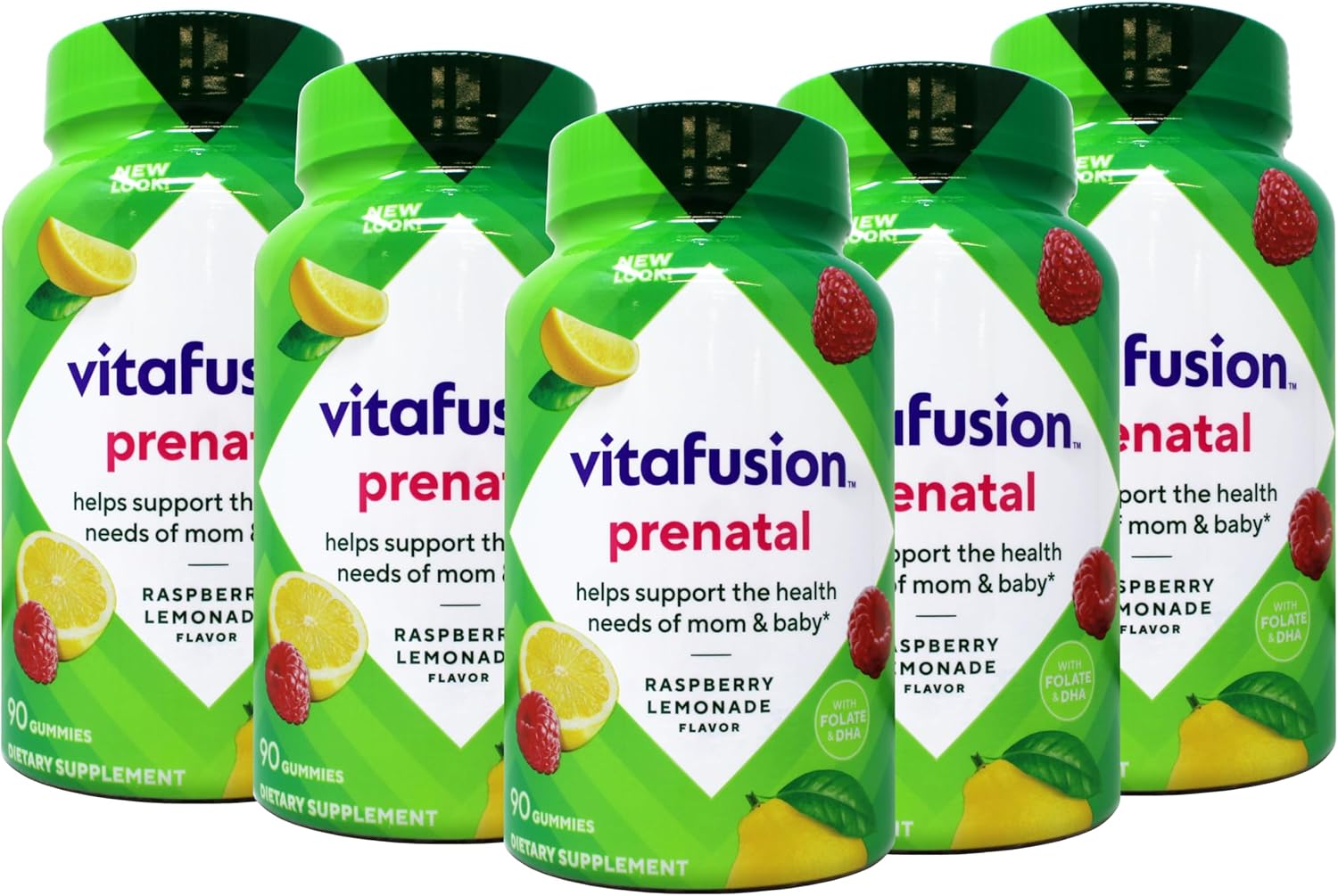 Vitafusion Prenatal Gominolas - Pack de 5 (450 gominolas) - Sabores Limón y Frambuesa Limonada