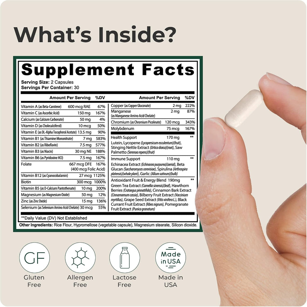 Complete Longevity Mix - Multivitamínico con Complejo B, Antioxidantes Naturales, Equinácea, Espirulina, Luteína, Licopeno - 60 Cápsulas