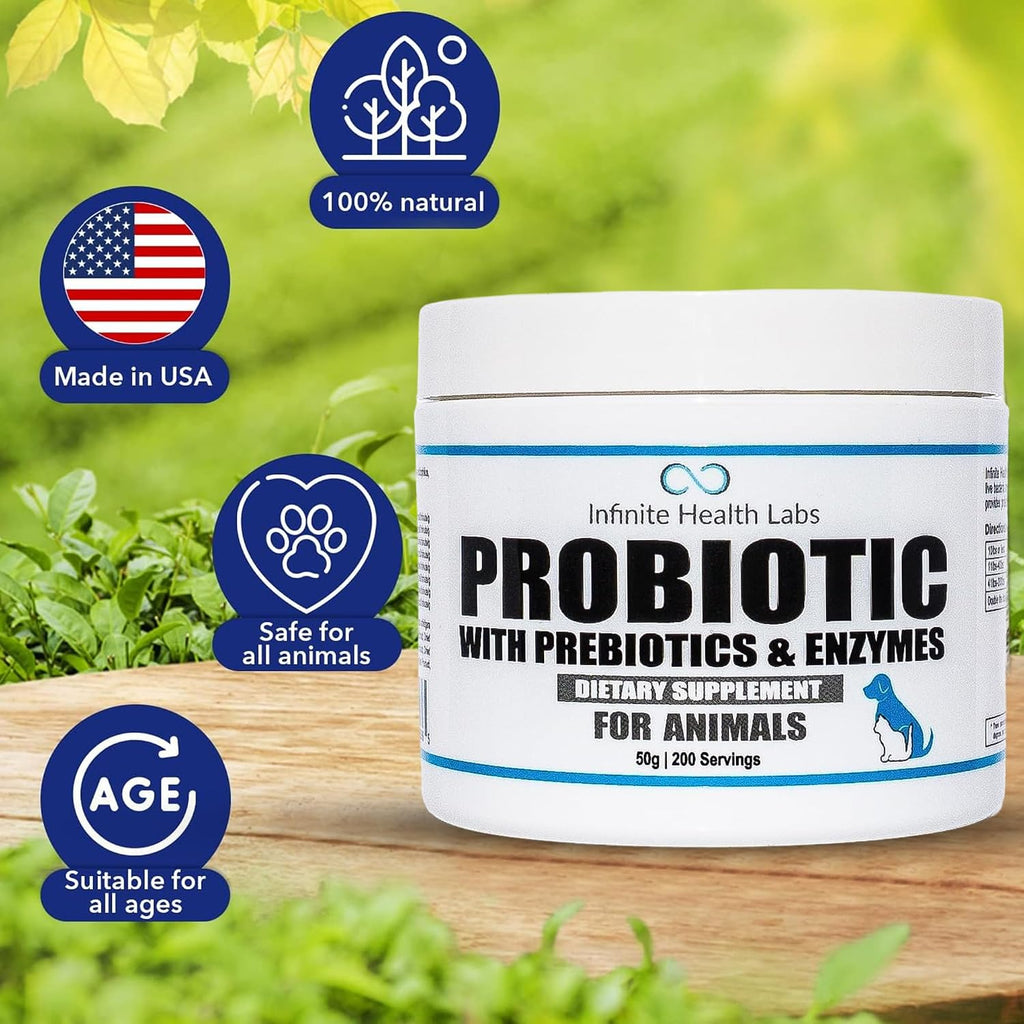 Probióticos para perros y gatos - Fórmula veterinaria, polvo con prebióticos y enzimas para salud digestiva e inmunidad - 200 raciones (50 g)