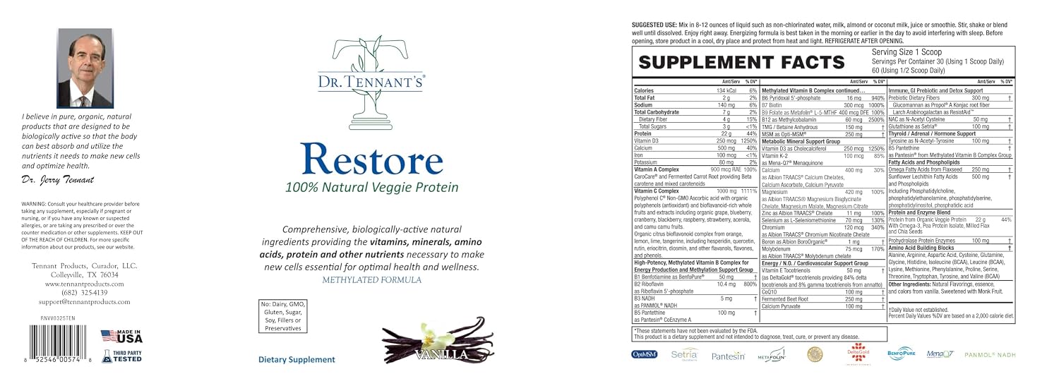 Dr. Tennant's Restore Vainilla - Proteína Vegetal y Multivitamínico