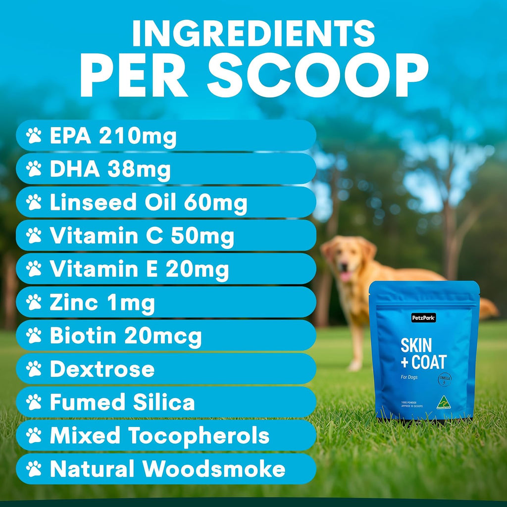 Petz Park Suplemento para Piel y Pelaje de Perro - 90 Dosis - Omega 3, Zinc y Biotina - Polvo para Perros