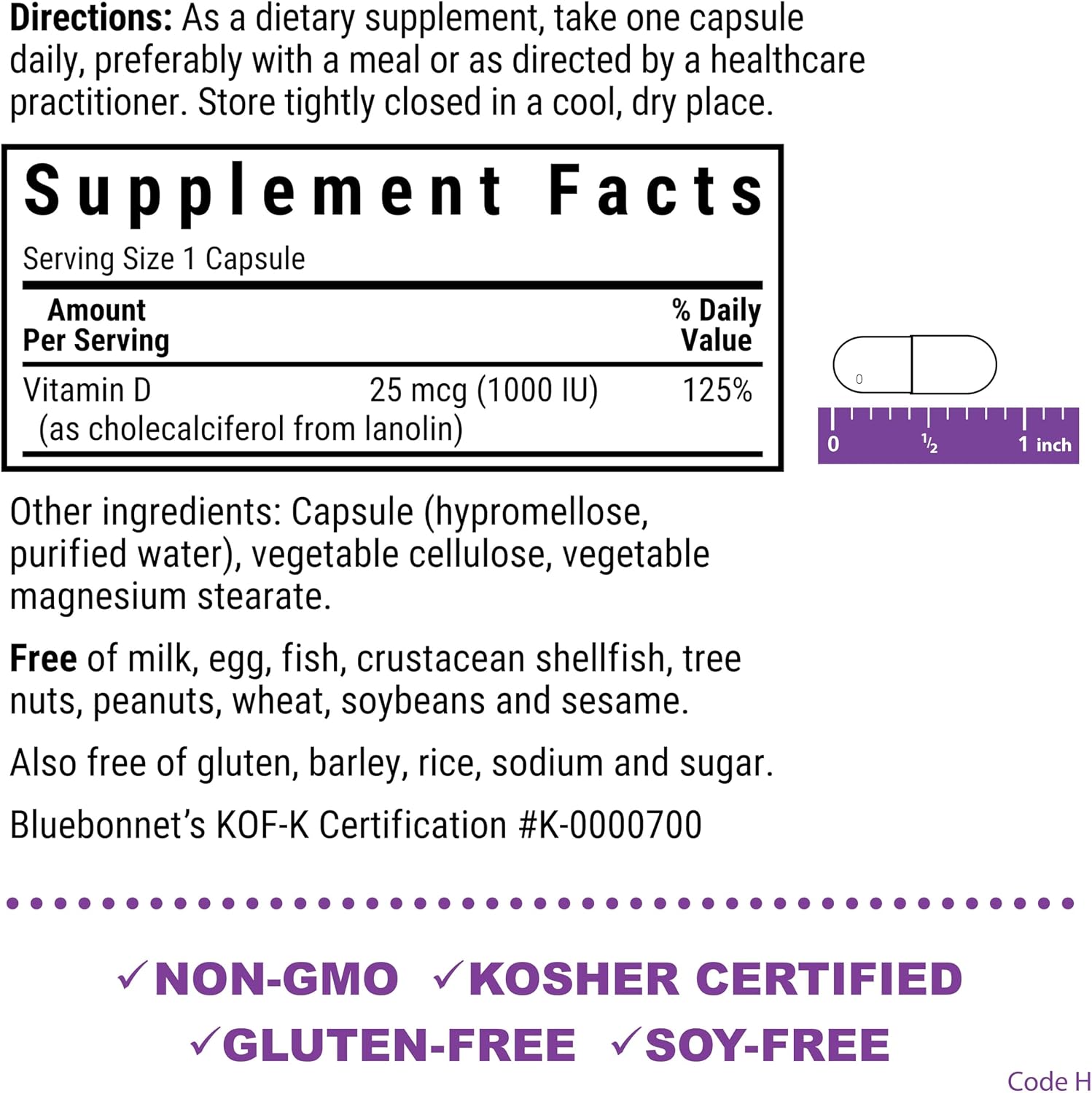 Vitamina D3 1000 UI (25 mcg) - Bluebonnet - 180 Cápsulas Vegetales