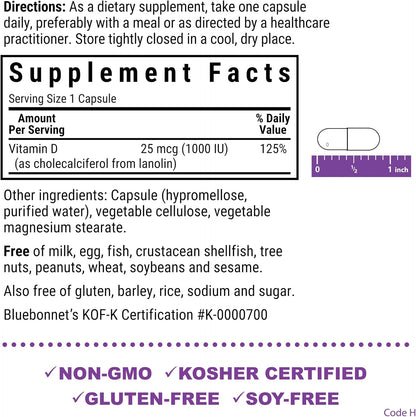 Bluebonnet Nutrition Vitamina D3 1000 UI - – Mantenimiento de huesos normales: Junto al calcio, ayuda a mantener – Image 2