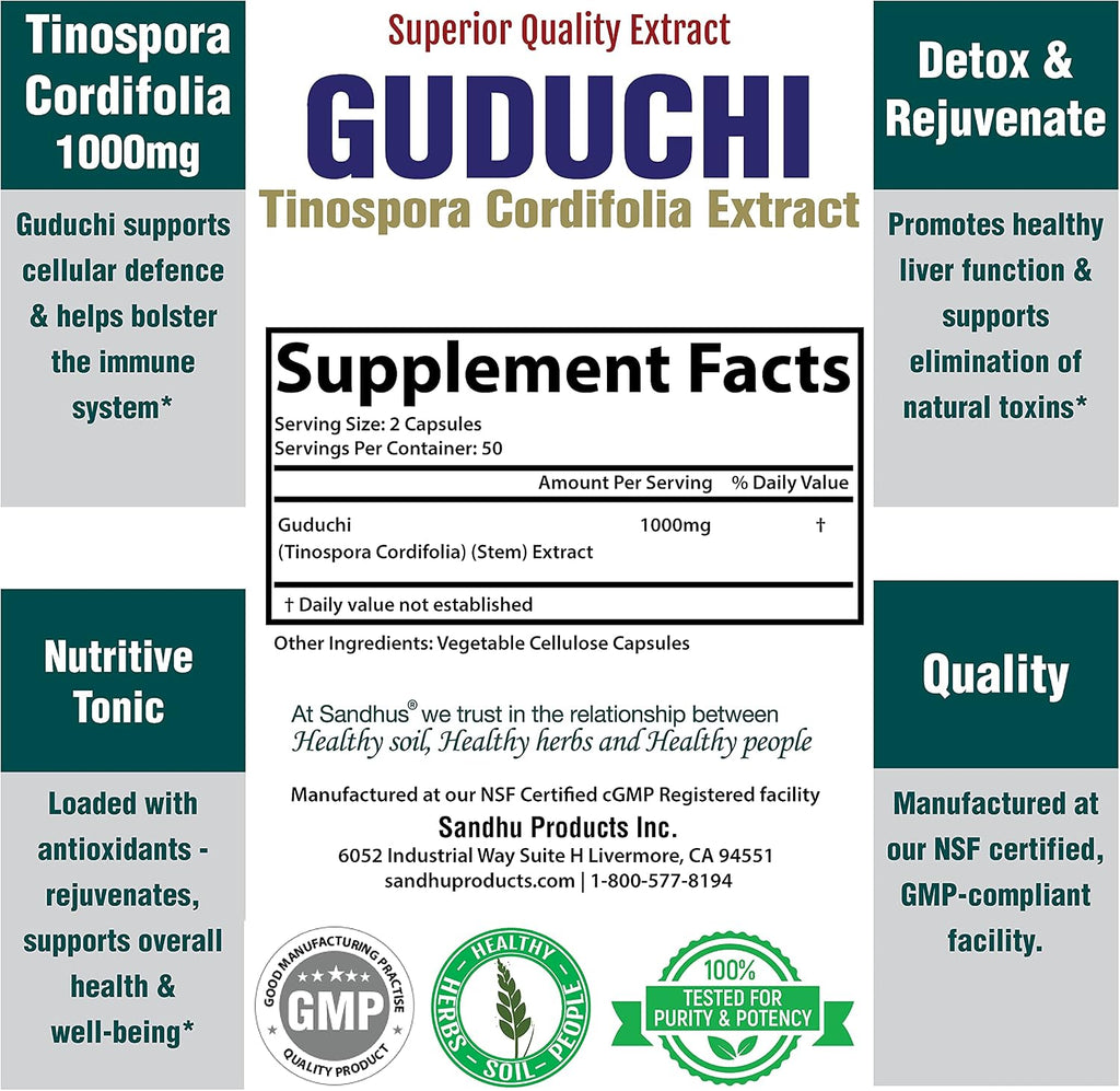 Sandhu's Guduchi (Tinospora Cordifolia) Giloy - 100 Cápsulas Vegetales - 1000 mg por Ración