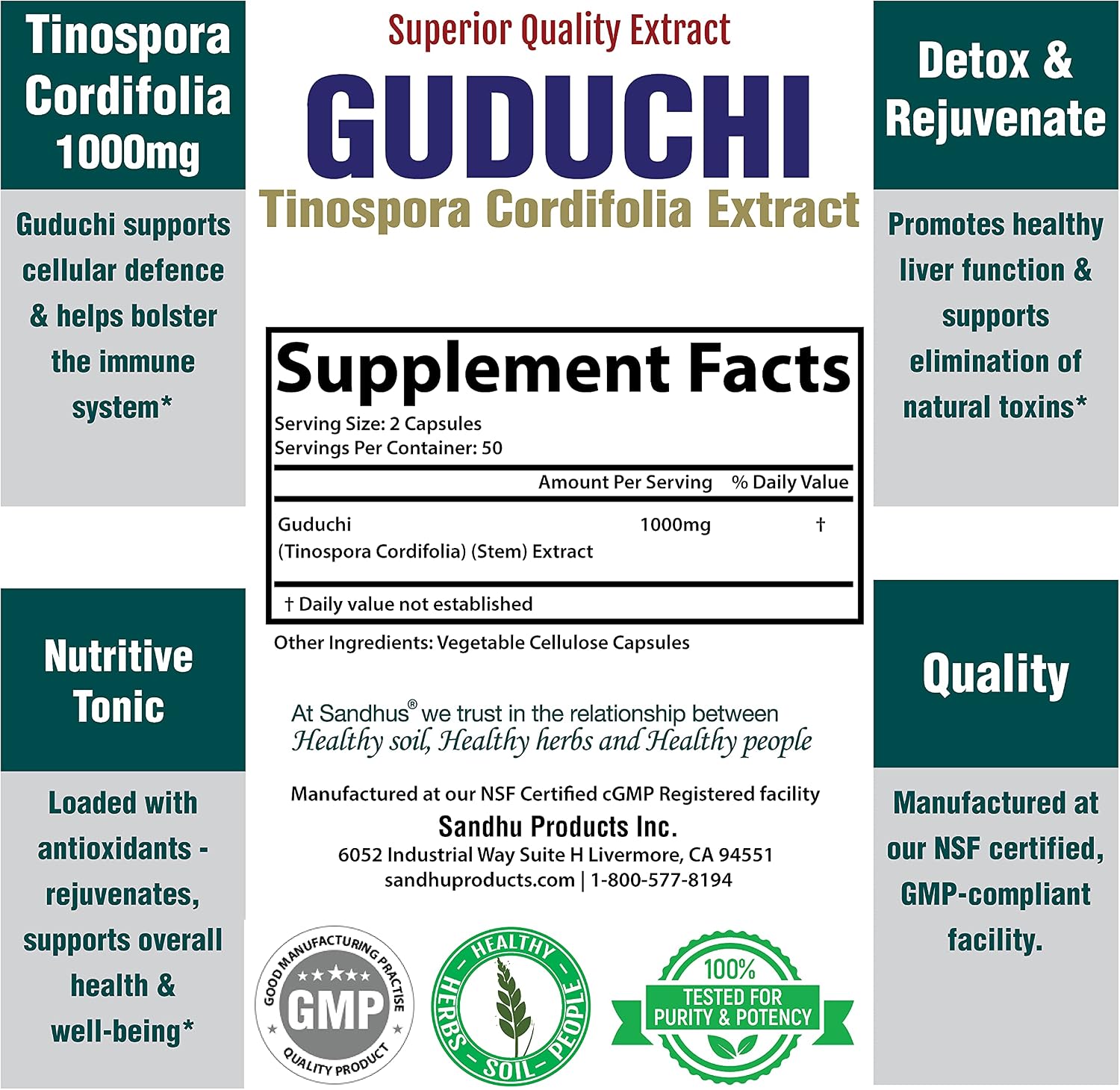 Sandhu's Guduchi (Tinospora Cordifolia) Giloy - 100 Cápsulas Vegetales - 1000 mg por Ración