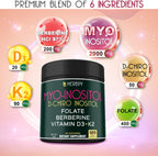Herbpy 6en1 Premium Inositol 40:1 Myo-Inositol y D-Chiro Inositol con Folato, Berberina, Vitamina D3 y K2 - 120 Cápsulas Veganas
