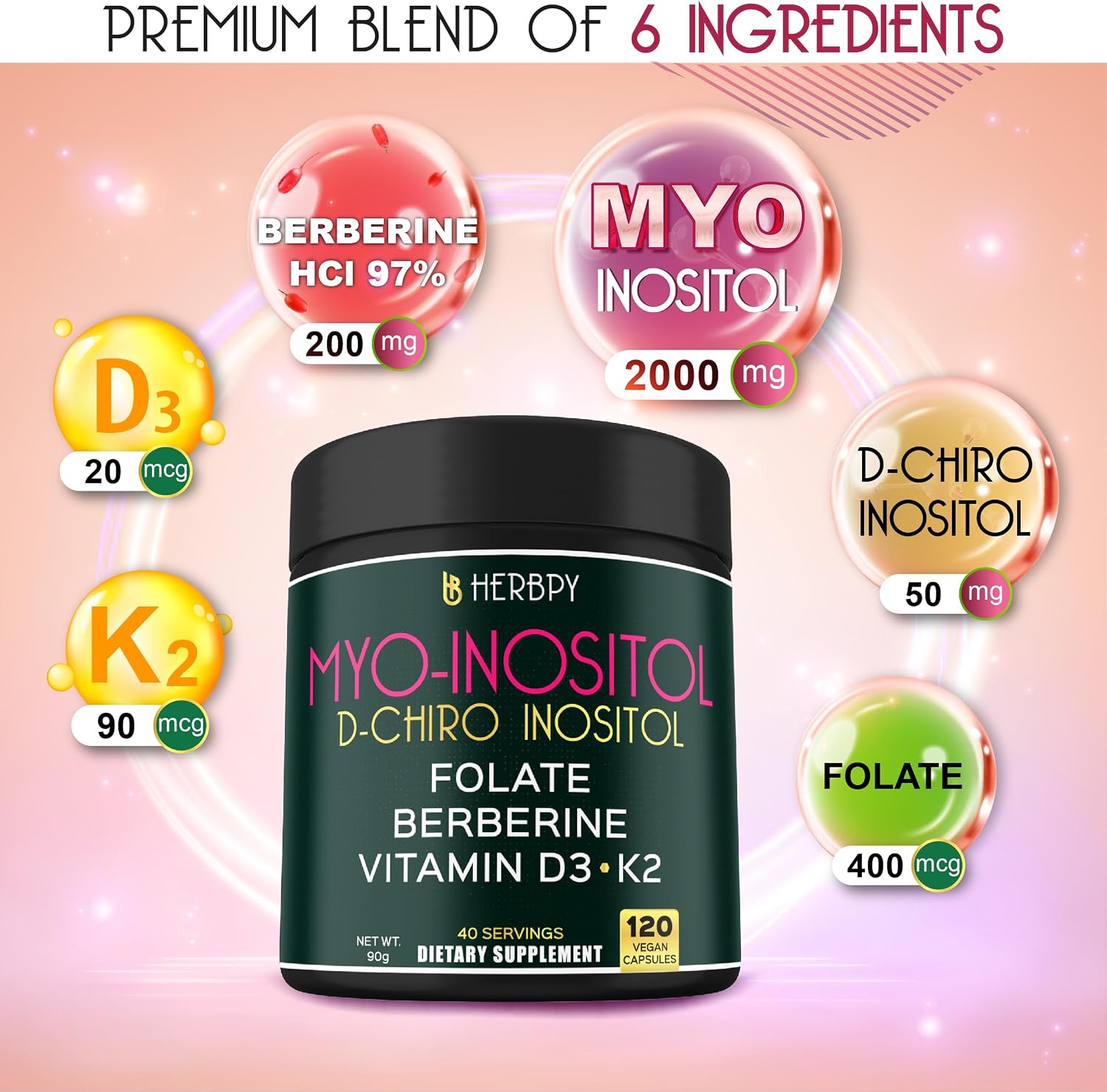 Herbpy 6en1 Premium Inositol 40:1 Myo-Inositol y D-Chiro Inositol con Folato, Berberina, Vitamina D3 y K2 - 120 Cápsulas Veganas