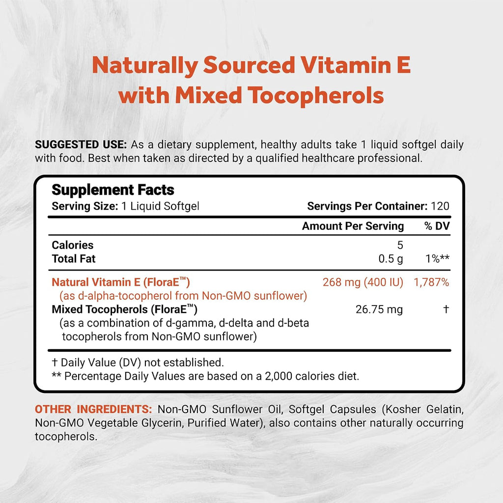 Naturalis Sunflower Vitamin E 670mg (1000 IU) with Mixed Tocopherols | Essential Skin Vitamin & Immune Support | Non-GMO, Soy & Gluten Free | 120 Softgels