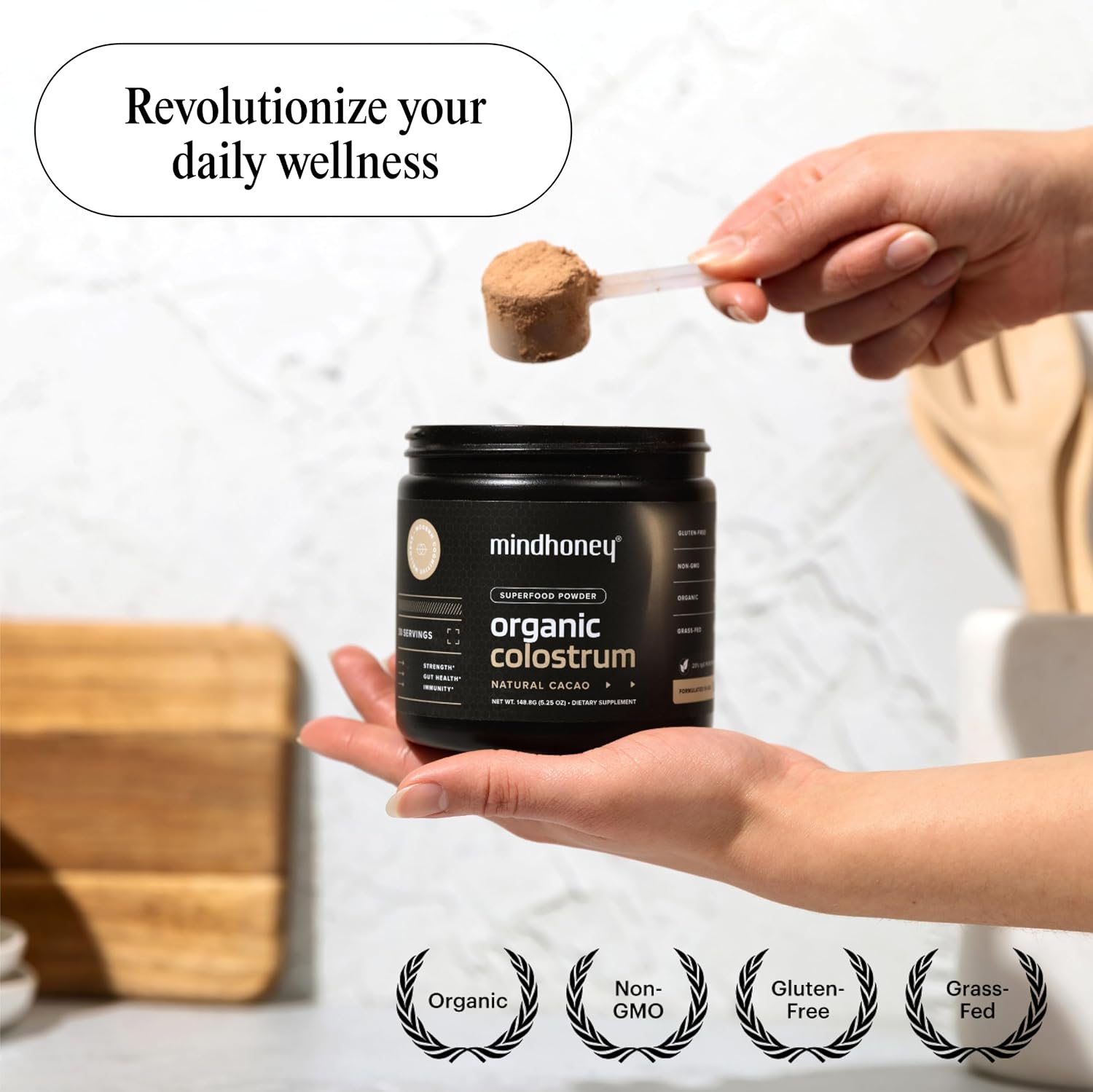MINDHONEY Organic Colostrum | Premium Cacao Flavored Superfood Powder | Gut Health & Immunity, Skin & Hair, Anti-Aging, Performance & Recovery | Grass-Fed, Pasture-Raised | 30 Servings