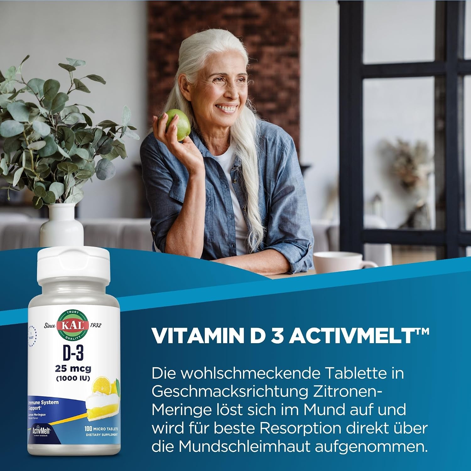KAL Vitamina D3 1000 UI - 100 Comprimidos ActivMelt Sabor Limón Natural