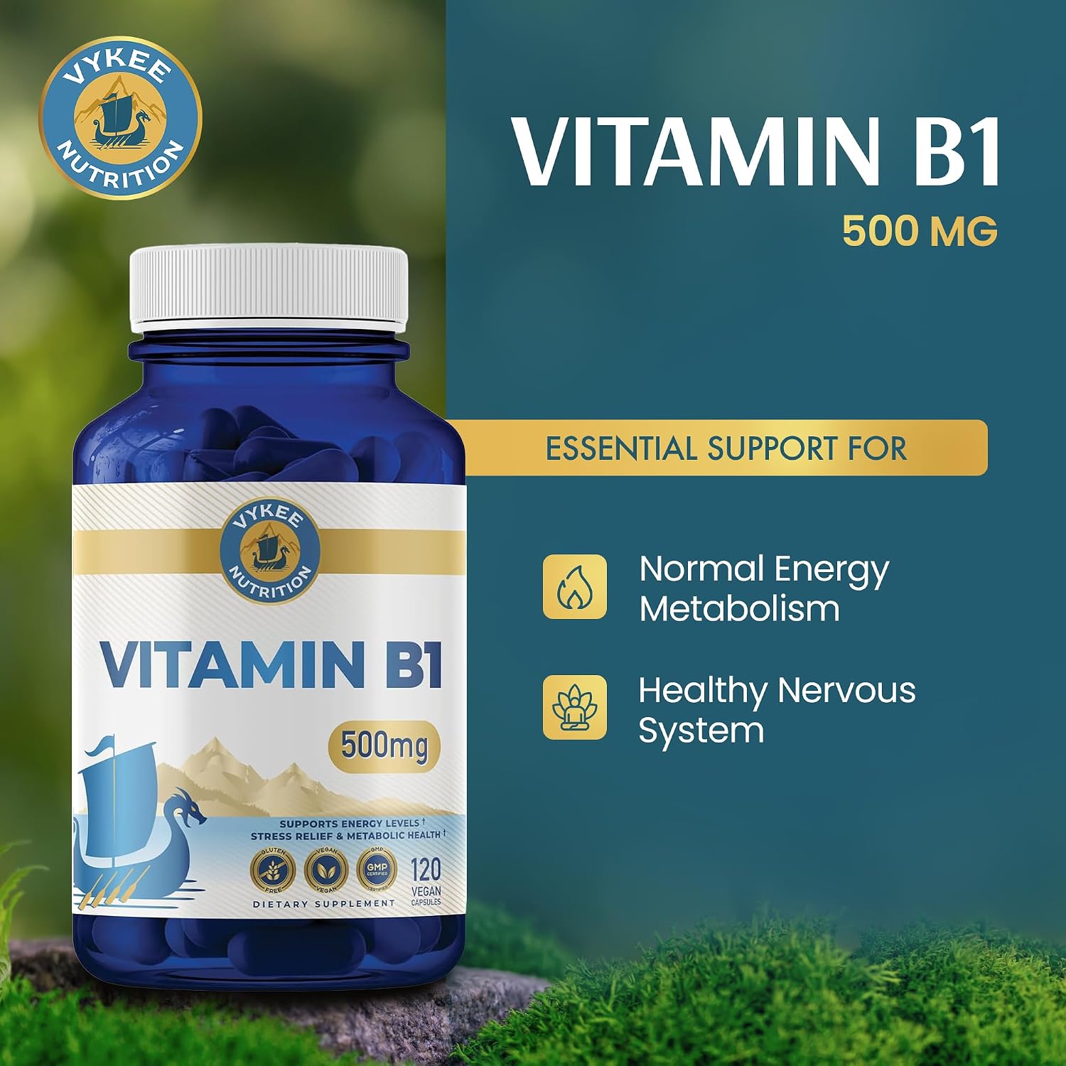 Vykee Nutrition Vitamina B1 (Tiamina) Cápsulas – 500 mg, 120 unidades
