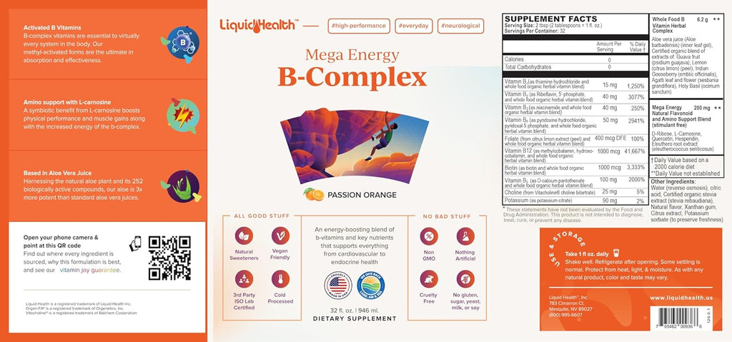 LIQUIDHEALTH Mega Energy Methylated B-Complex - Complejo B Líquido para Adultos - 946 ml