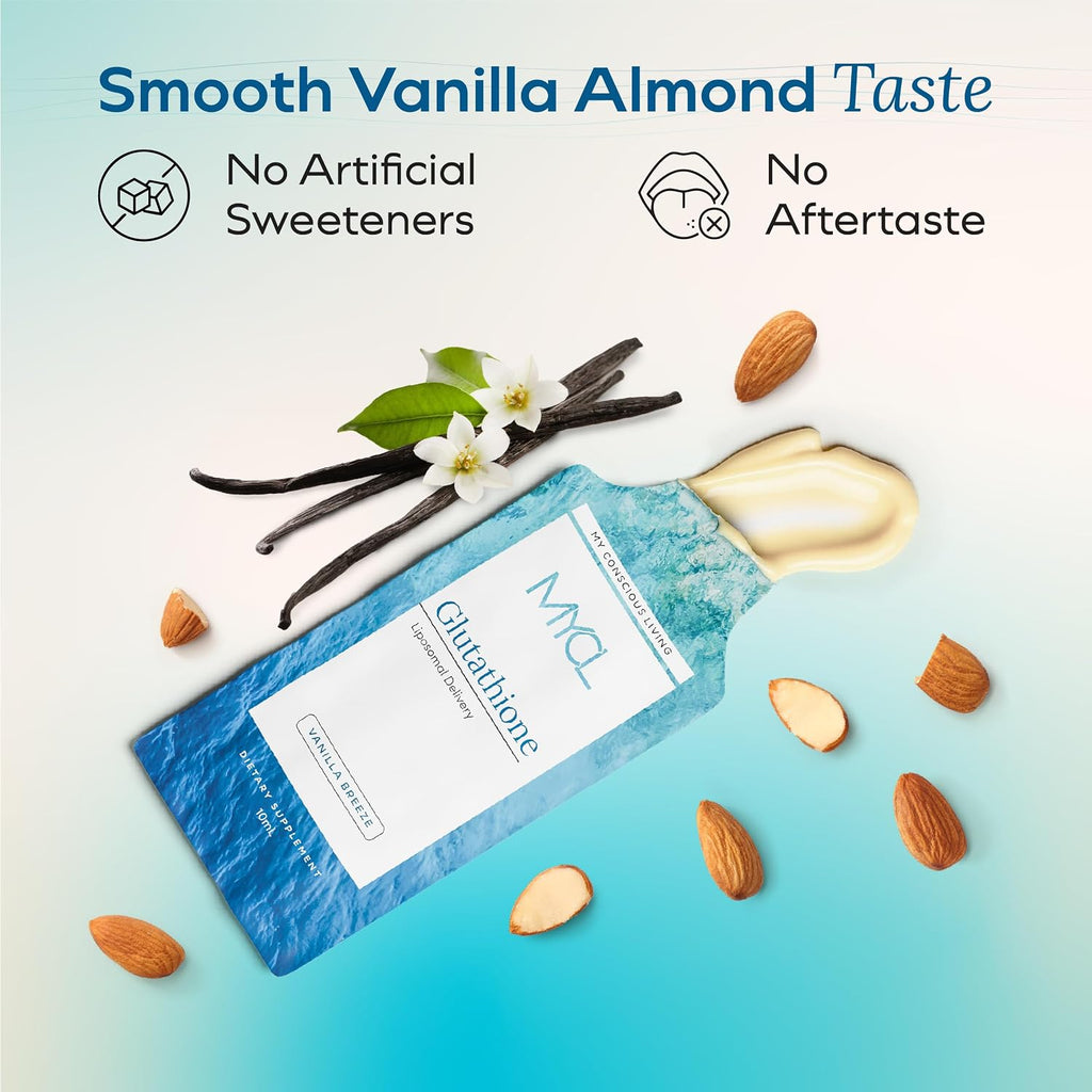 MYCL Glutatión Liposomal con Vitamina E y Aceite MCT - Salud de Piel, Cabello y Uñas - Alta Absorción - Sabor Vainilla Almendra - 30 Sobres Monodosis