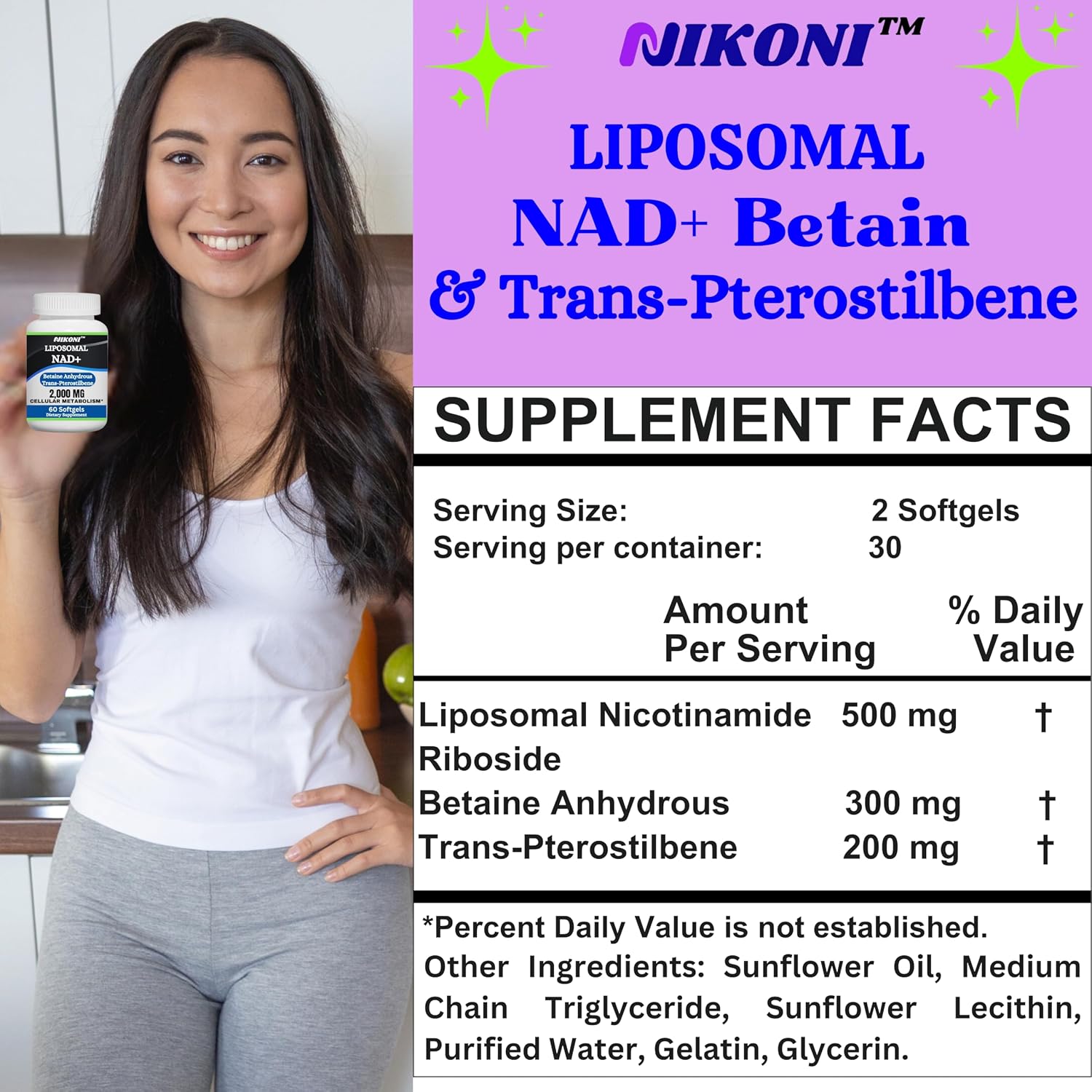 Nikoni Liposomal NAD+ 2000 mg con TMG y Pterostilbeno - 240 Cápsulas Blandas