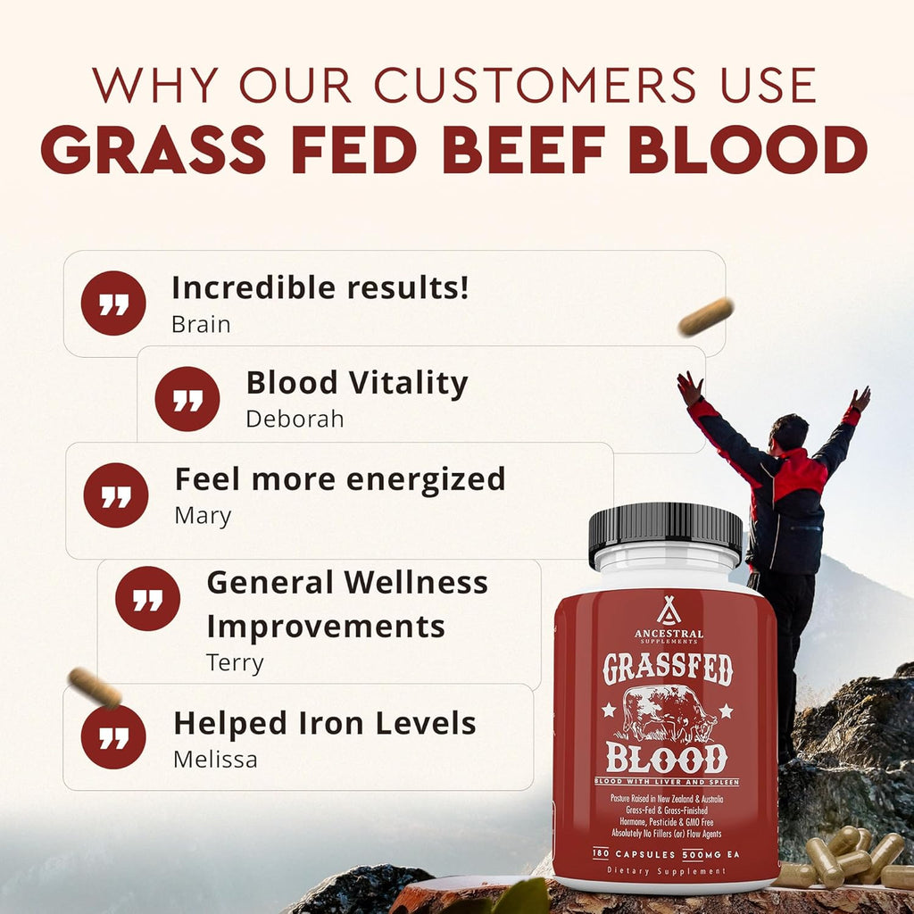 Ancestral Supplements Grass Fed Blood - Fórmula de Sangre, Hígado y Bazo, 500 mg, 180 Cápsulas