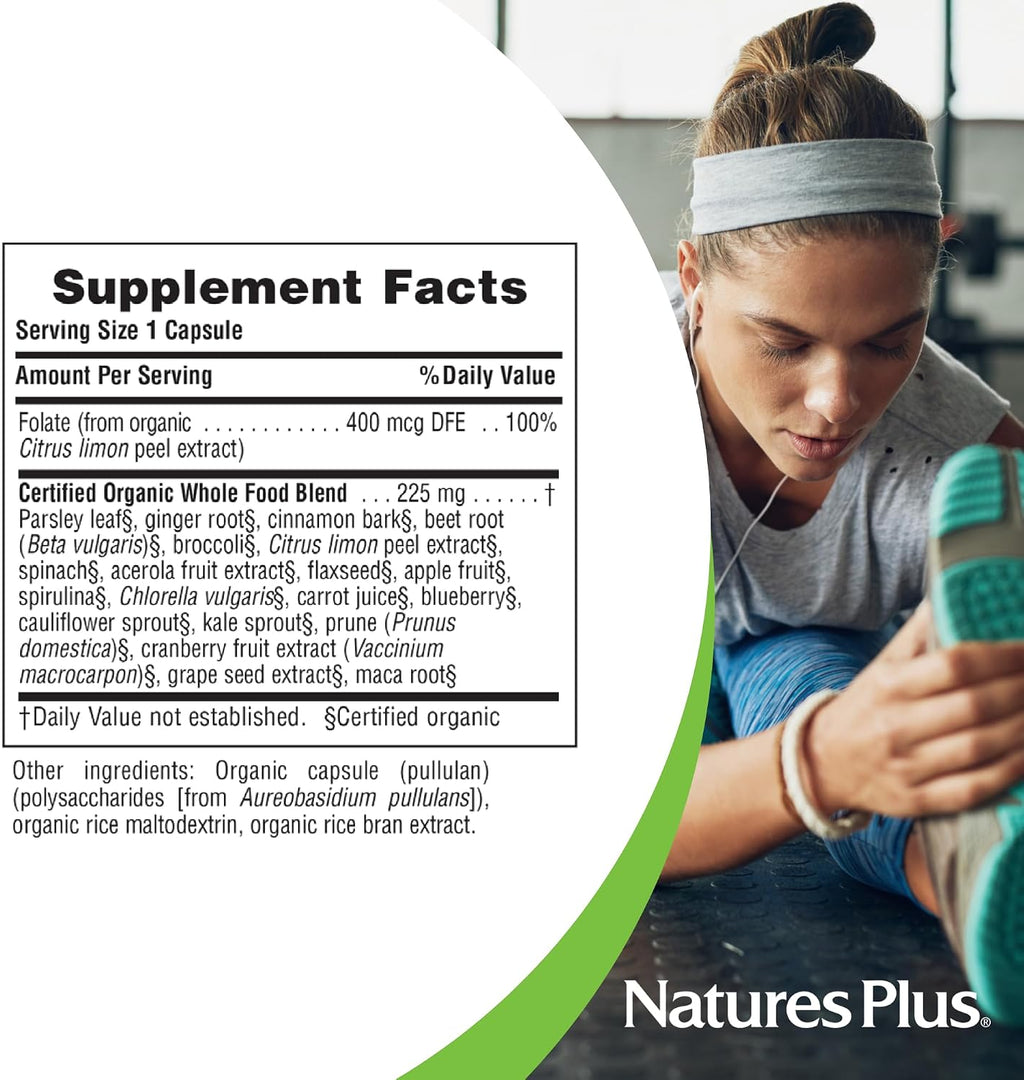 NaturesPlus Source of Life Garden Folate - 60 Cápsulas - Promueve la Salud Prenatal y el Desarrollo Fetal - Apoyo Inmunológico y Muscular - No GMO, Certificado Orgánico USDA, Vegano, Sin Gluten - 60 Servicios
