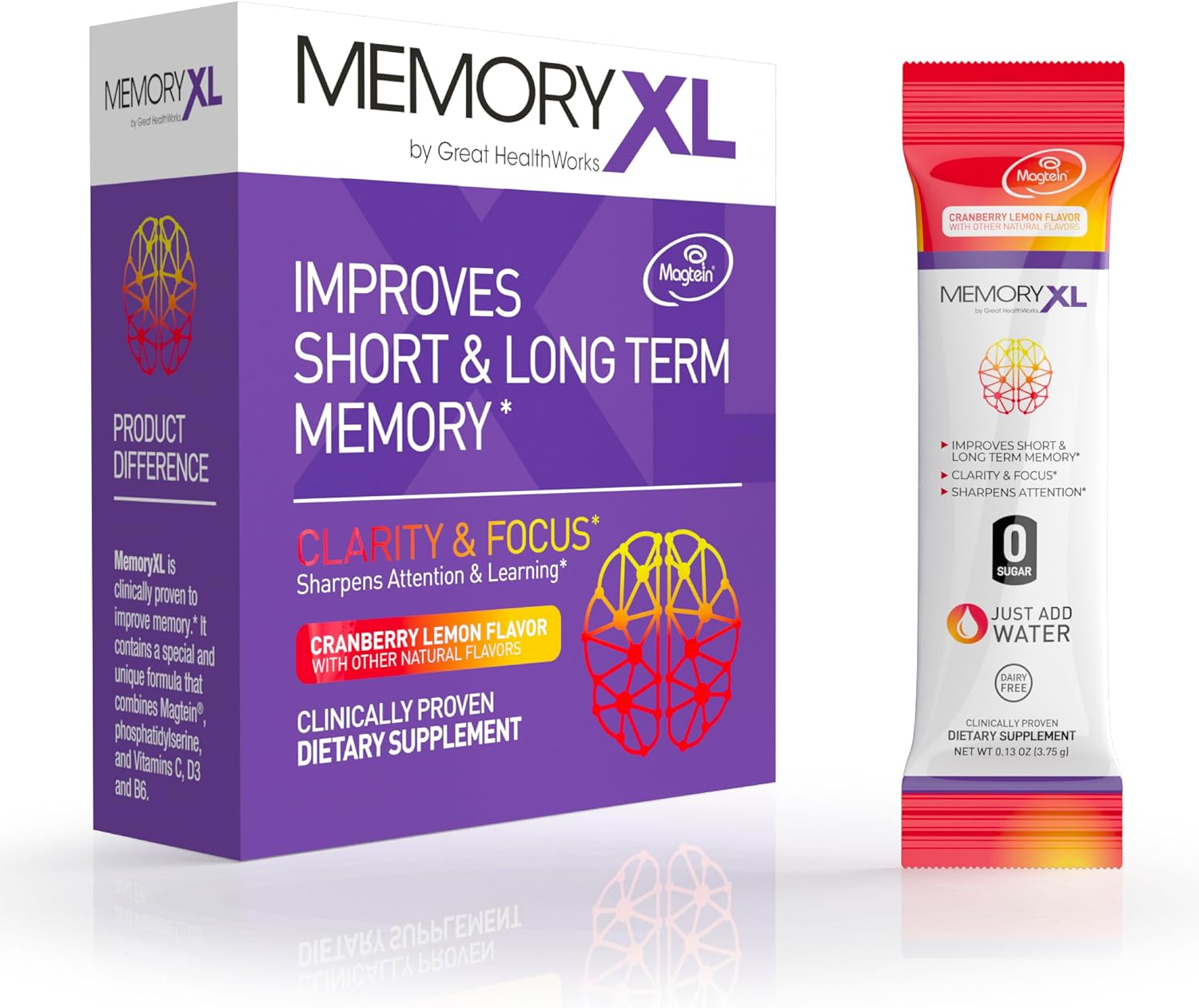 MemoryXL - Magnesio L-Treonato con Fosfatidilserina y Vitaminas - 30 sticks sabor arándano limón