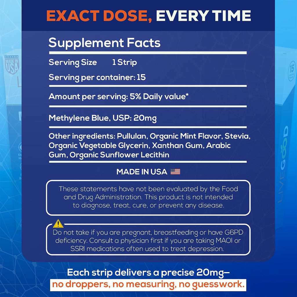 Suplemento de Azul de Metileno en Tiras Sublinguales - Grado Farmacéutico - Sabor Menta, 15 Tiras (20mg cada una)