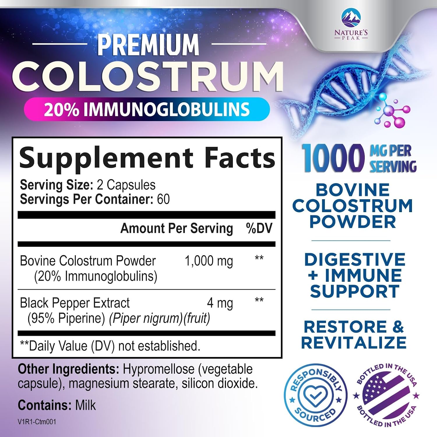 Nature's Peak Calostro Bovino 1000mg con 20% Inmunoglobulinas (IgG) - 120 Cápsulas