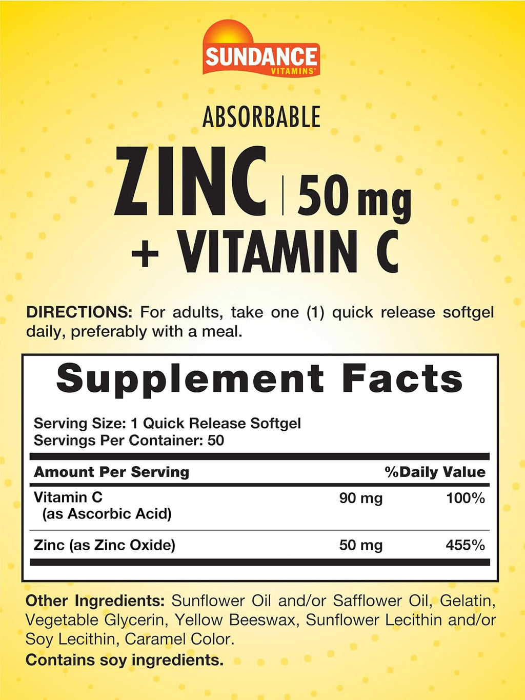 Sundance Zinc con Vitamina C - 50 mg - 50 Cápsulas