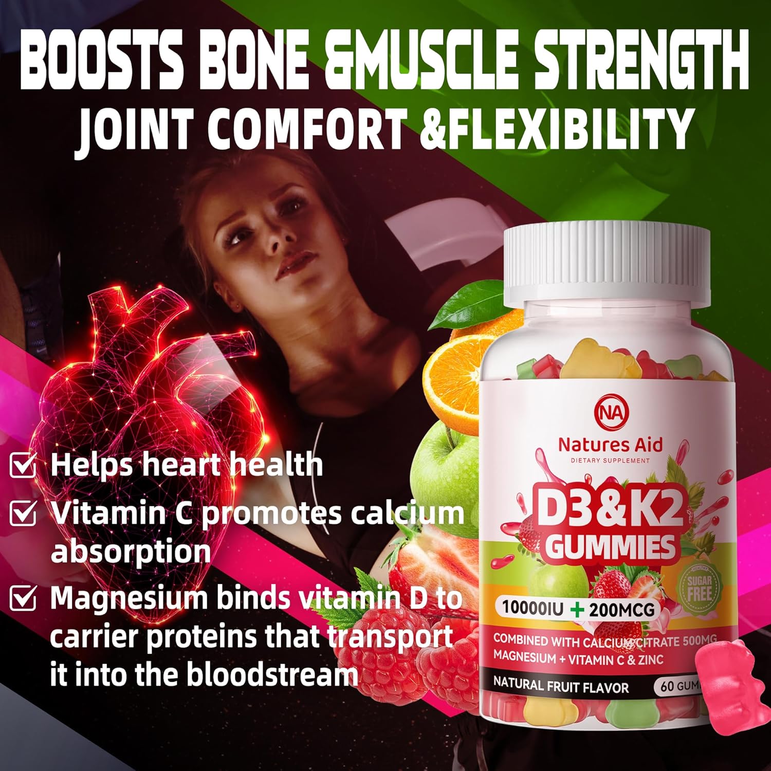 Natures Aid Gominolas de Vitamina D3 y K2 sin Azúcar con Calcio, Magnesio, Vitamina C y Zinc - 60 Gominolas Veganas