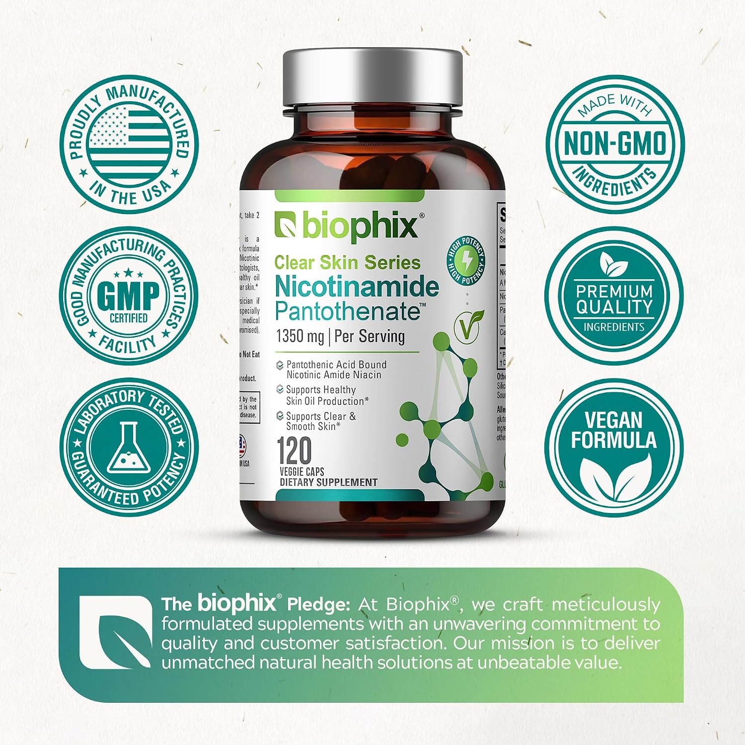biophix B-3 Nicotinamida y Ácido Pantoténico 1350 mg 120 Cápsulas Vegetales - Clear Skin Series