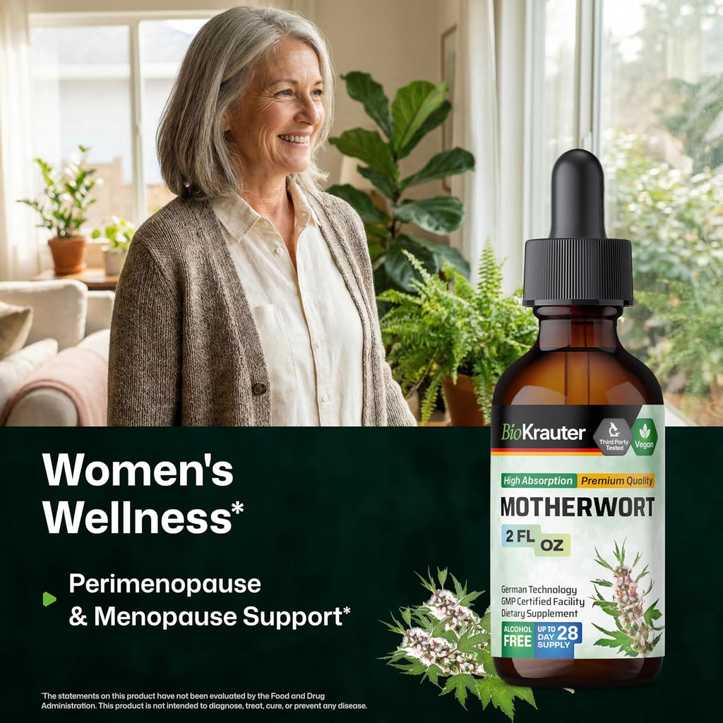 BIO KRAUTER® Tintura de Motherwort - Suplemento Vegano para la Menopausia y Perimenopausia - 2 Fl Oz (59 ml) - 28 Días de Suministro