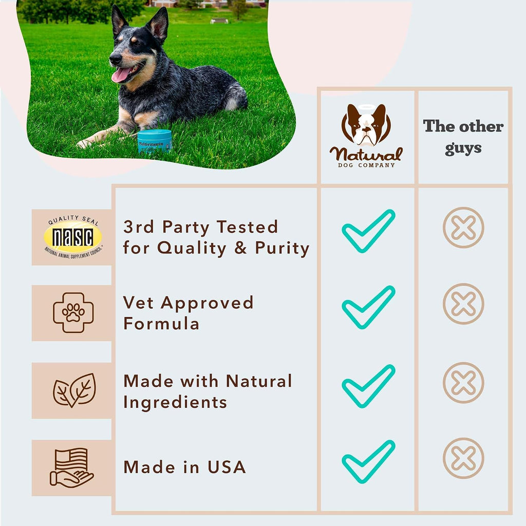Natural Dog Company Multivitamínico 25 en 1 para Perros – Masticables Blandos Formulados por Veterinarios, 180 unidades