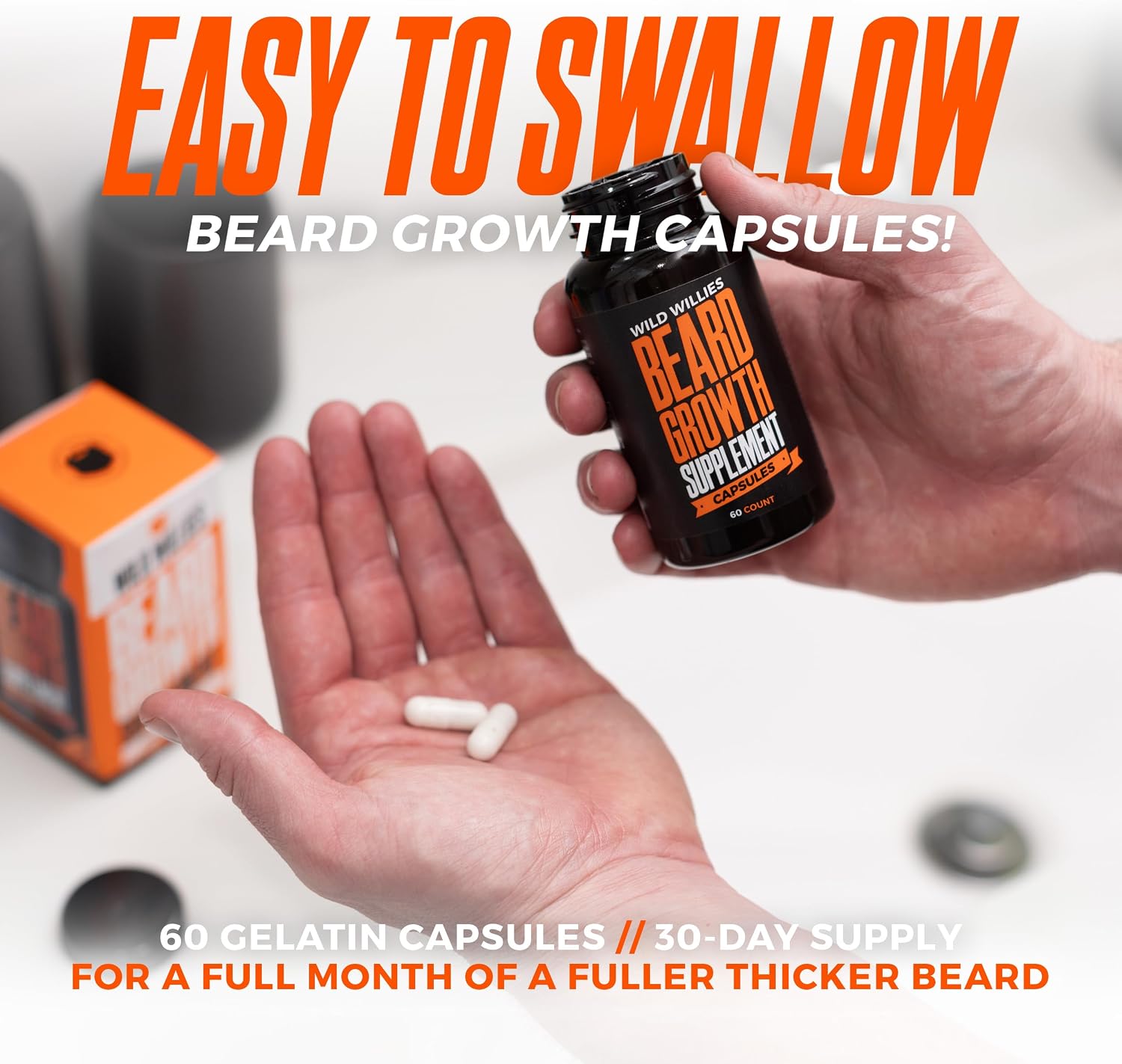 Kit de Crecimiento de Barba Wild Willies - Cápsulas y Sérum con Biotina y Cafeína - 60 Cápsulas