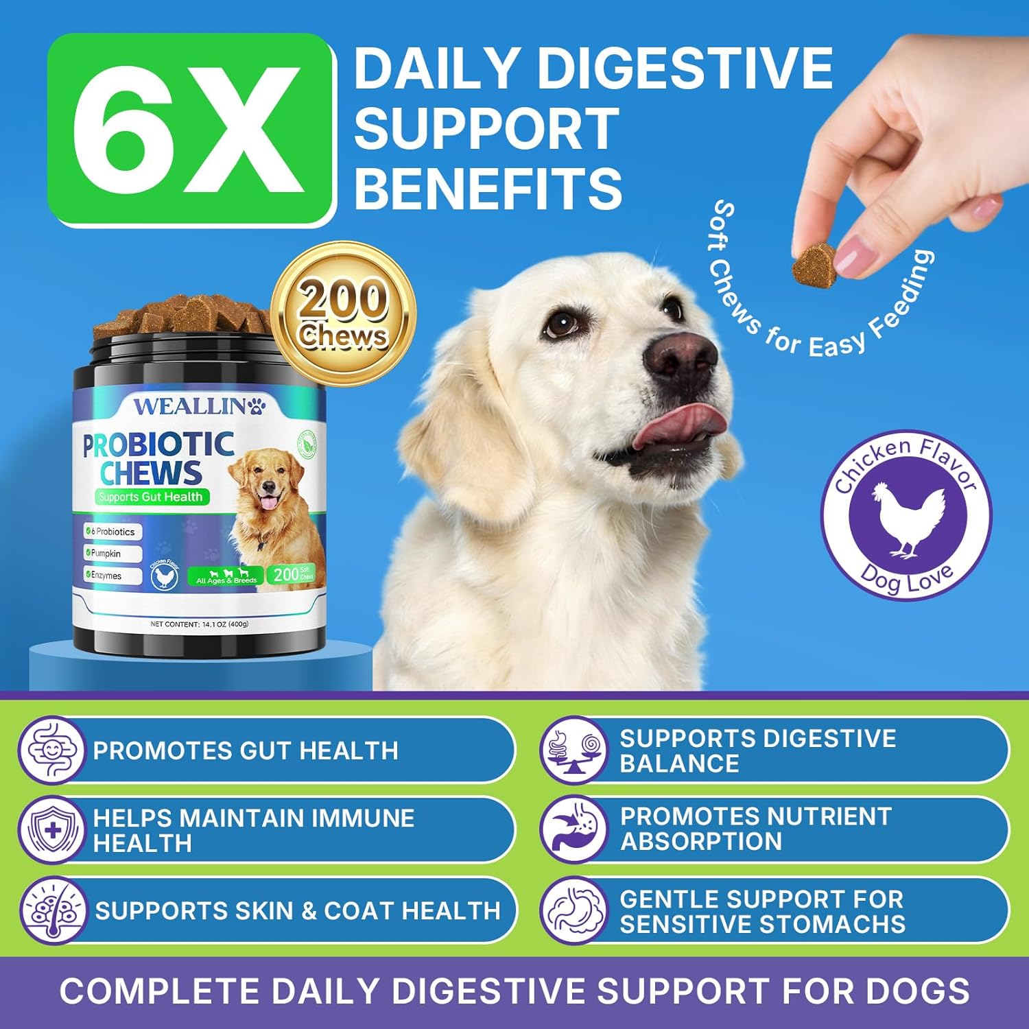 Probióticos para Perros WEALLIN - 200 Masticables para Salud Digestiva y Piel