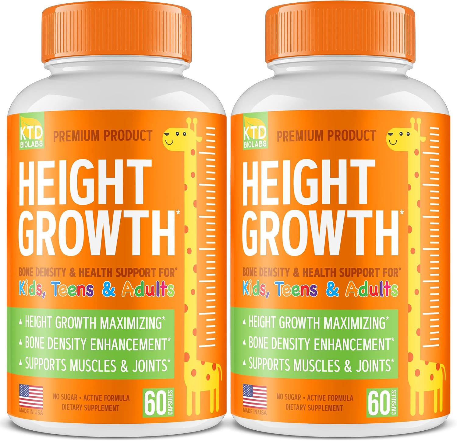 KTD BIOLABS Kids Height Growth Support Capsules – Fórmula de Desarrollo con Calcio, Vitamina D3 y Zinc – Apoyo Óseo y Nutricional para Niños y Adolescentes – Mezcla de Aminoácidos – 120 Cápsulas