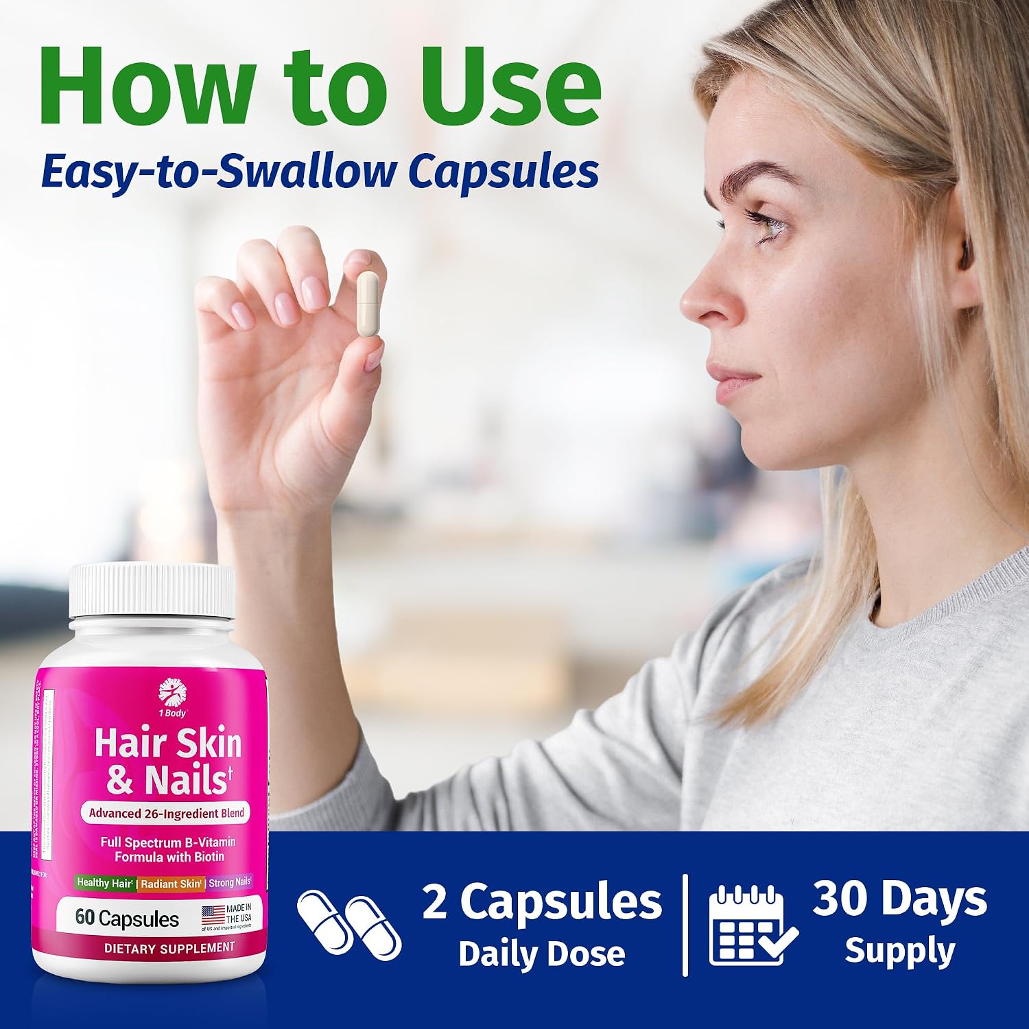 1 Body Hair, Skin, & Nails with Biotin, Vegan Vitamins, 60 Capsules
