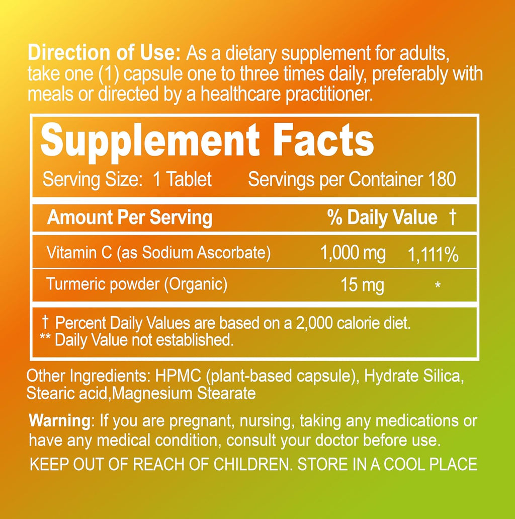 NATURION Vitamina C tamponada 1000 mg con Cúrcuma Orgánica - 180 cápsulas veganas