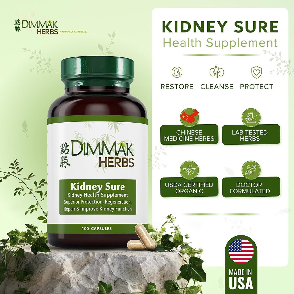 Kidney Sure - Tónico Renal Orgánico - Apoyo Herbal para la Salud Renal y el Tracto Urinario - Formulado por Médico de MTC - 400mg 100 Cápsulas