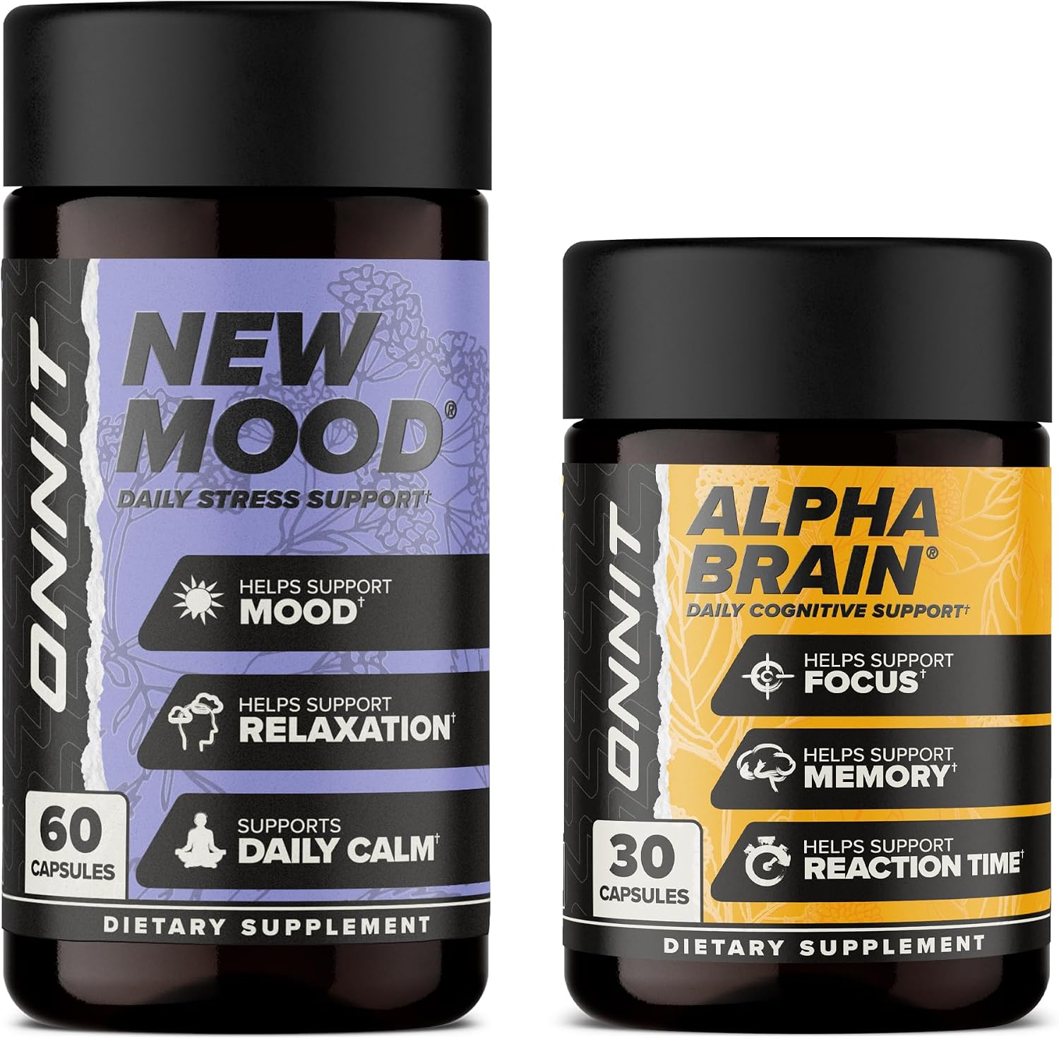 ONNIT Cognitive & Mood Support Pack: Alpha Brain Nootrópico (30 cápsulas) + New Mood Apoyo al Estrés (60 cápsulas)