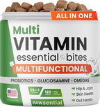 Pawsential Multivitamínico para Perros - Complejo 4 en 1 con Omega, Glucosamina, Probióticos y Vitaminas - 100 Comprimidos - Sabor a Pescado