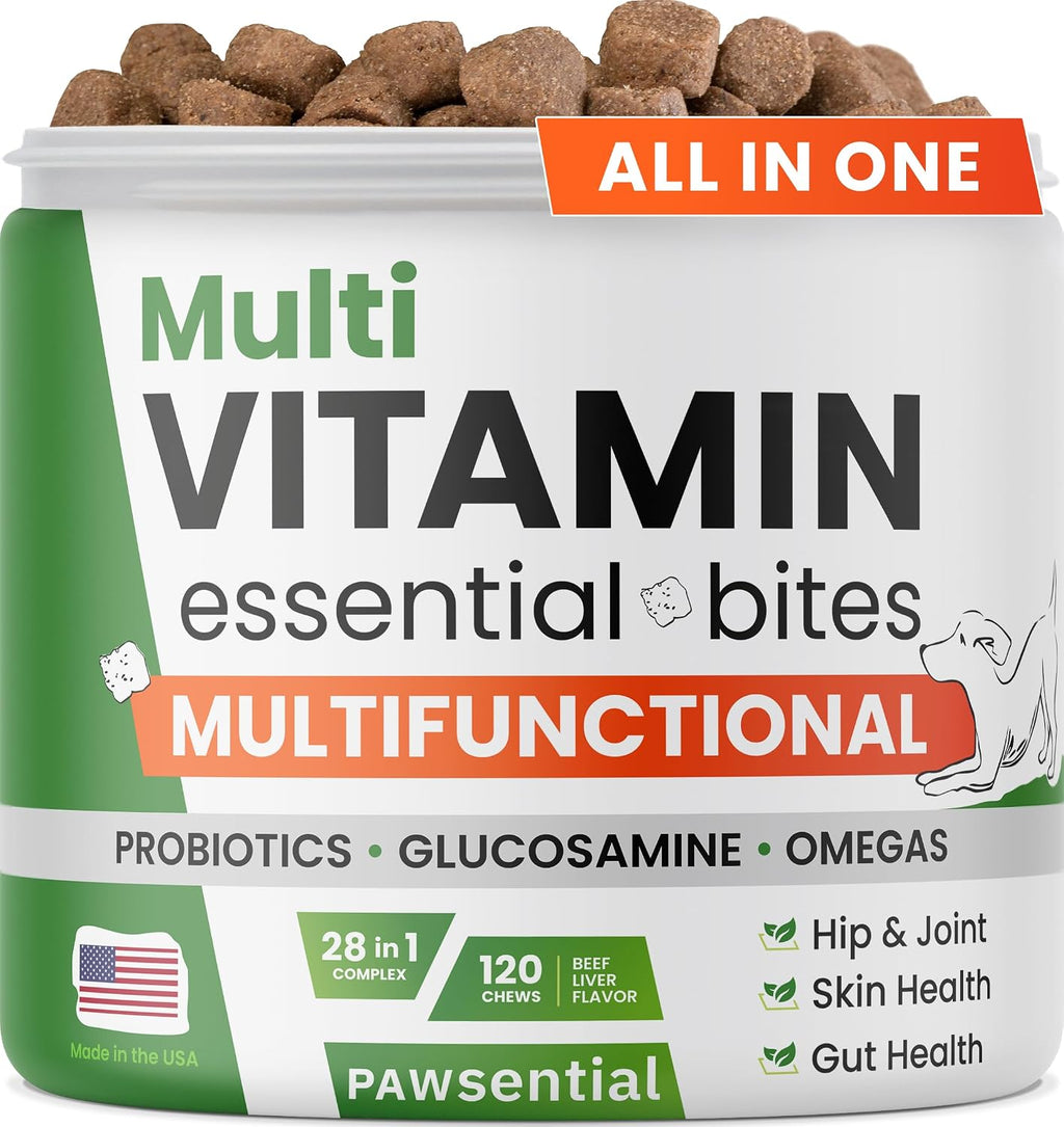 Vitaminas para Perros - Complejo 4 en 1 con Omega, Glucosamina, Probióticos y Vitaminas - 120 unidades - Sabor Barbacoa de Cerdo