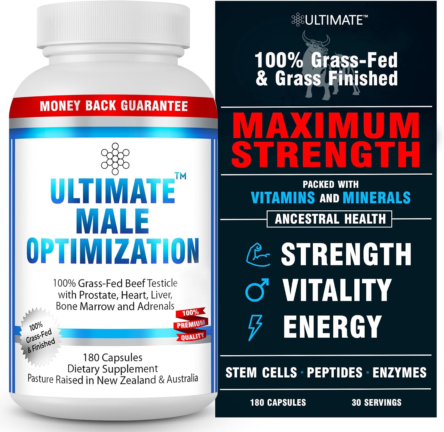 Ultimate Male Optimization – Suplemento de Órganos de Ternera 100% Alimentados con Pasto, 180 Cápsulas