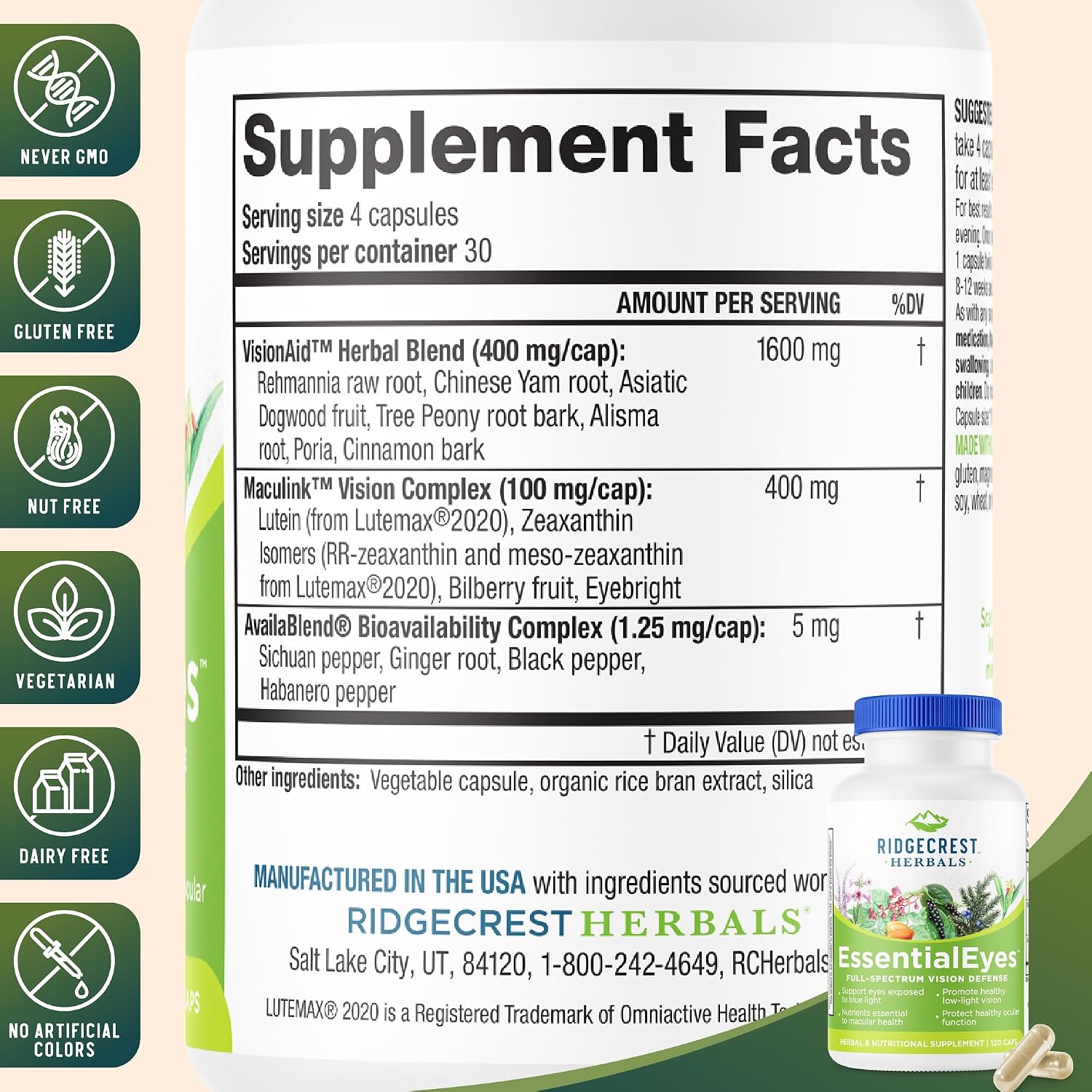 EssentialEyes – Suplemento Ocular Natural con Luteína, Zeaxantina y Arándano (120 Cápsulas Veganas)