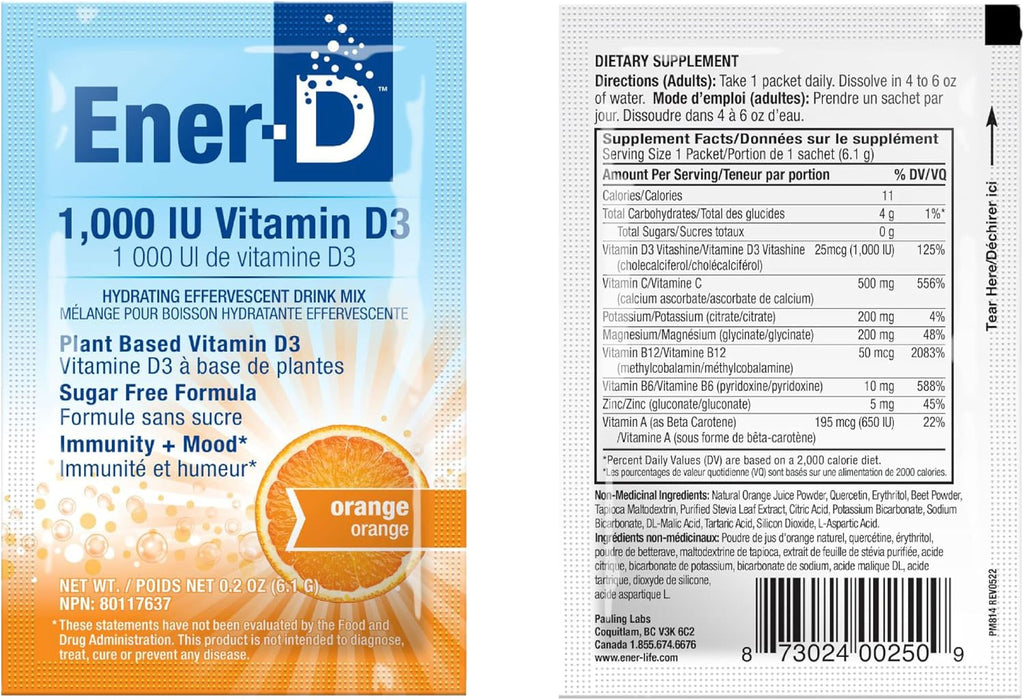 Ener-D Sugar Free Multivitamin Drink Mix - Sabor Naranja, 24 Sobres