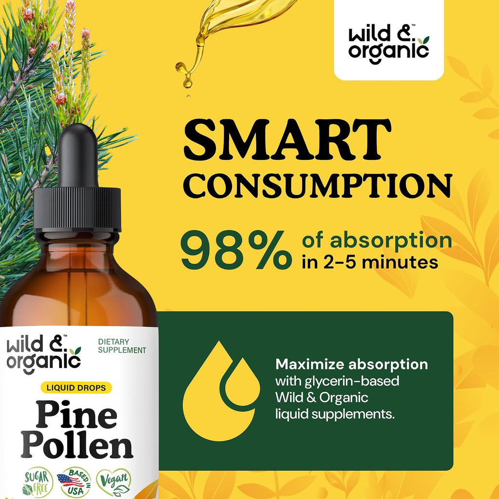Wild & Organic Pine Pollen Tincture - Tintura de polen de pino ecológica - Extracto puro de Pinus Massoniana - Vegano, sin alcohol ni azúcar - 118 ml