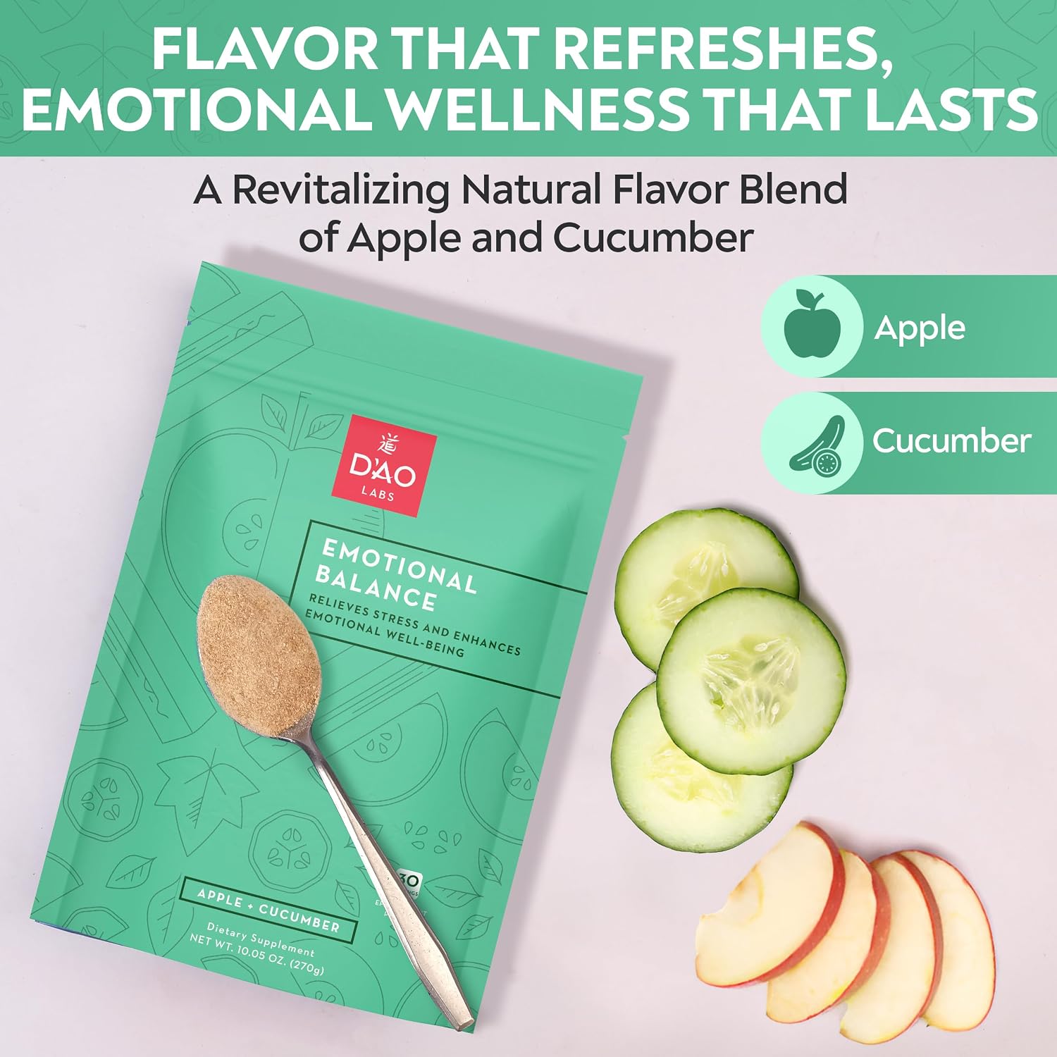 D'AO Labs Emotional Balance - Polvo efervescente para el equilibrio emocional - Sabor manzana y pepino - 30 sobres individuales
