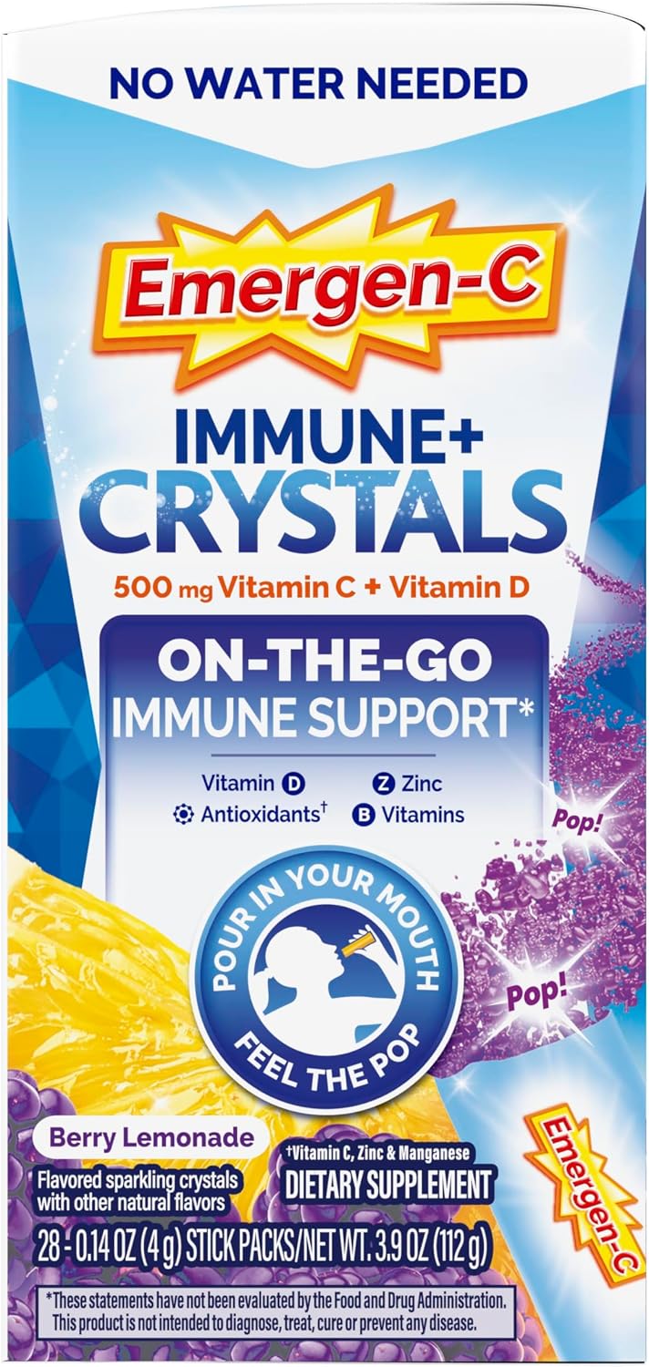 Emergen-C Immune Plus Crystals - Suplemento Inmunológico con Vitamina C, D, Zinc y Vitaminas B - 28 Sticks - Sabor Berry Lemonade