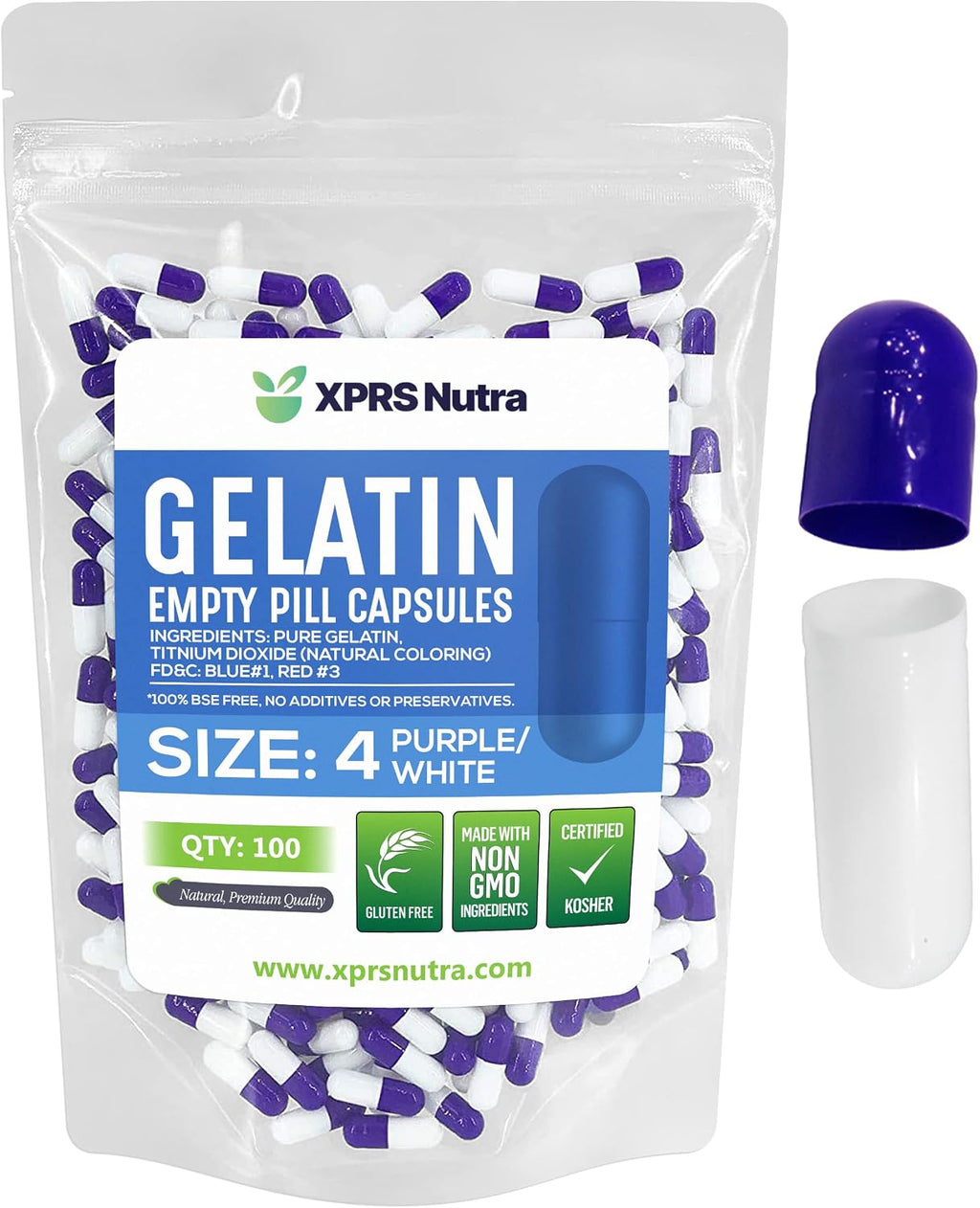 XPRS Nutra Cápsulas Vacías Tamaño 4 - 100 Unidades - Cápsulas Pequeñas de Gelatina - Para Rellenar Suplementos DIY (Púrpura/Blanco)