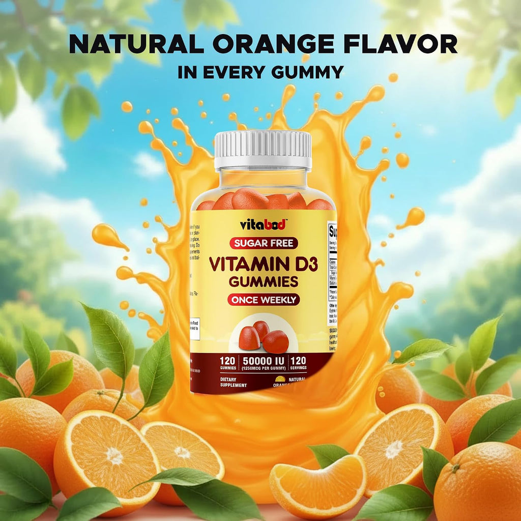 Vitabod Gominolas de Vitamina D3 sin Azúcar, 50.000 UI Semanales – 120 unidades – Apoyo para Huesos, Dientes y Sistema Inmunitario – Sin OGM, Fácil de Masticar